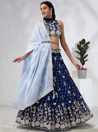 Captivating Navy Blue Sequinned Lehenga Choli Set with Thread Embroidery & Organza Dupatta ClothsVilla