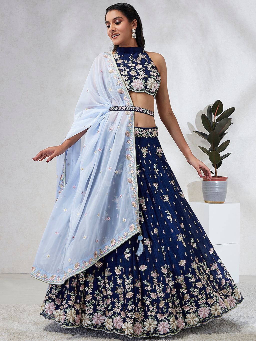 Captivating Navy Blue Sequinned Lehenga Choli Set with Thread Embroidery & Organza Dupatta ClothsVilla