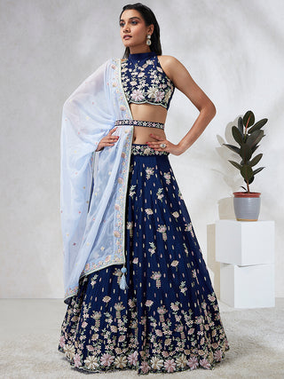 Captivating Navy Blue Sequinned Lehenga Choli Set with Thread Embroidery & Organza Dupatta ClothsVilla