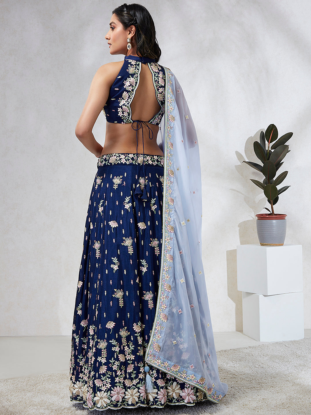 Captivating Navy Blue Sequinned Lehenga Choli Set with Thread Embroidery & Organza Dupatta ClothsVilla