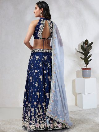 Captivating Navy Blue Sequinned Lehenga Choli Set with Thread Embroidery & Organza Dupatta ClothsVilla