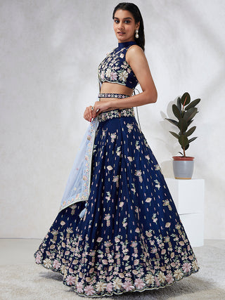 Captivating Navy Blue Sequinned Lehenga Choli Set with Thread Embroidery & Organza Dupatta ClothsVilla