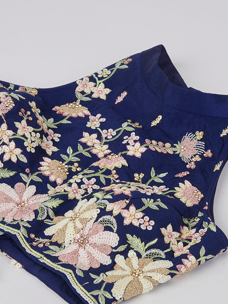 Captivating Navy Blue Sequinned Lehenga Choli Set with Thread Embroidery & Organza Dupatta ClothsVilla