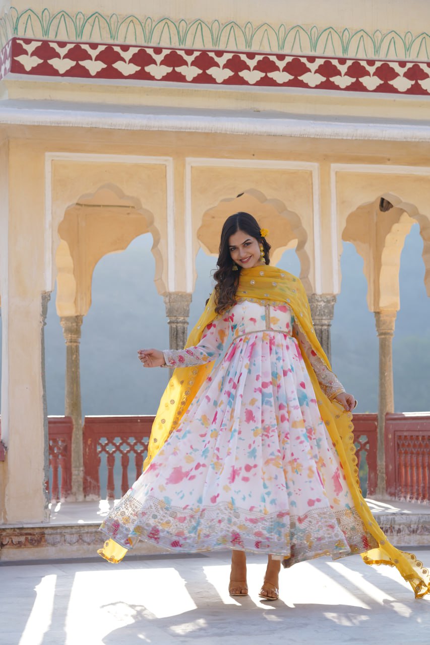 Captivating Off White Premium Readymade Gown with Embroidered Dupatta Set ClothsVilla