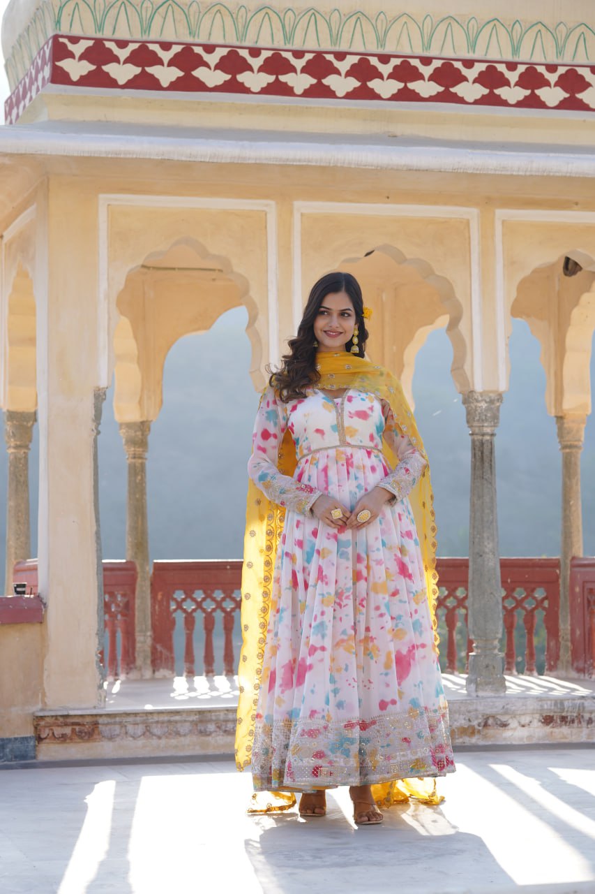 Captivating Off White Premium Readymade Gown with Embroidered Dupatta Set ClothsVilla