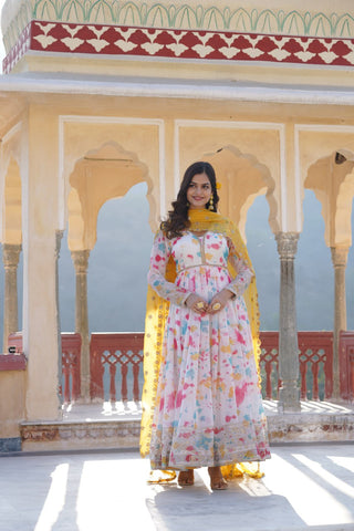 Captivating Off White Premium Readymade Gown with Embroidered Dupatta Set ClothsVilla