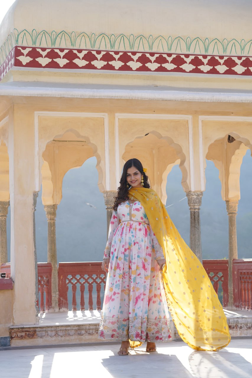 Captivating Off White Premium Readymade Gown with Embroidered Dupatta Set ClothsVilla