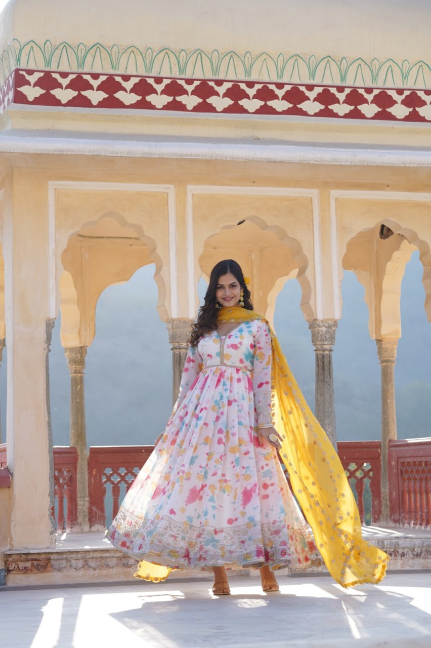 Captivating Off White Premium Readymade Gown with Embroidered Dupatta Set ClothsVilla