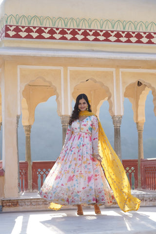 Captivating Off White Premium Readymade Gown with Embroidered Dupatta Set ClothsVilla