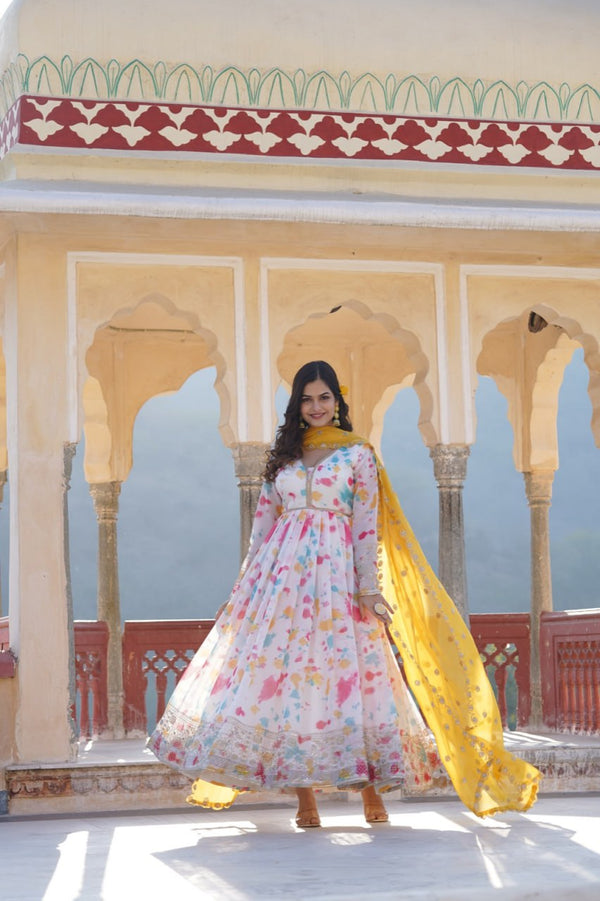 Captivating Off White Premium Readymade Gown with Embroidered Dupatta Set ClothsVilla