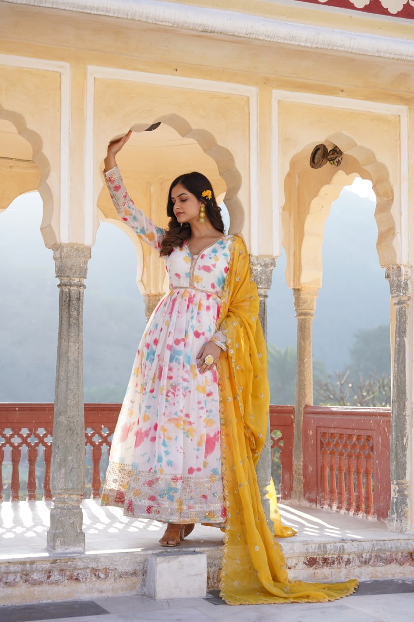 Captivating Off White Premium Readymade Gown with Embroidered Dupatta Set ClothsVilla