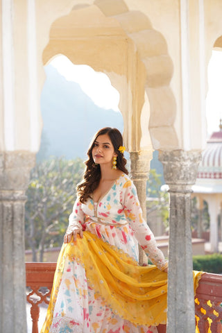 Captivating Off White Premium Readymade Gown with Embroidered Dupatta Set ClothsVilla