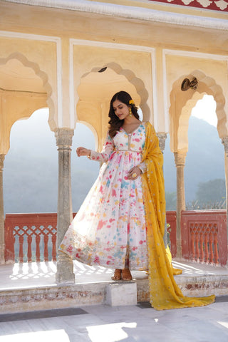 Captivating Off White Premium Readymade Gown with Embroidered Dupatta Set ClothsVilla