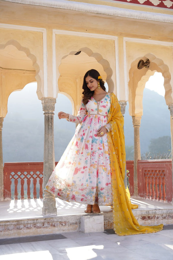 Captivating Off White Premium Readymade Gown with Embroidered Dupatta Set ClothsVilla