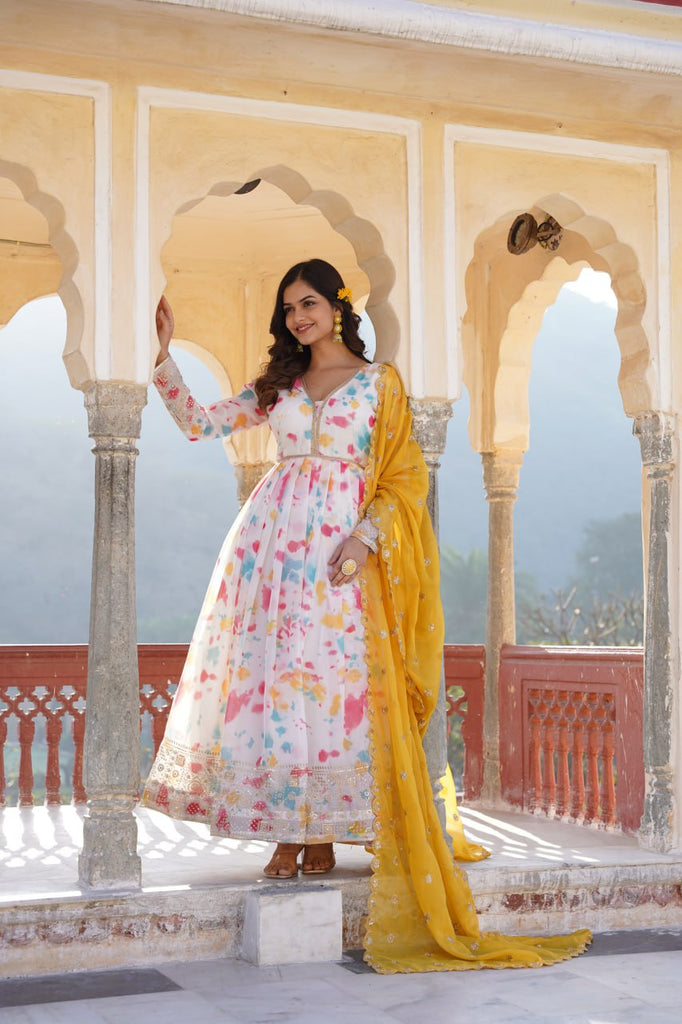 Captivating Off White Premium Readymade Gown with Embroidered Dupatta Set ClothsVilla