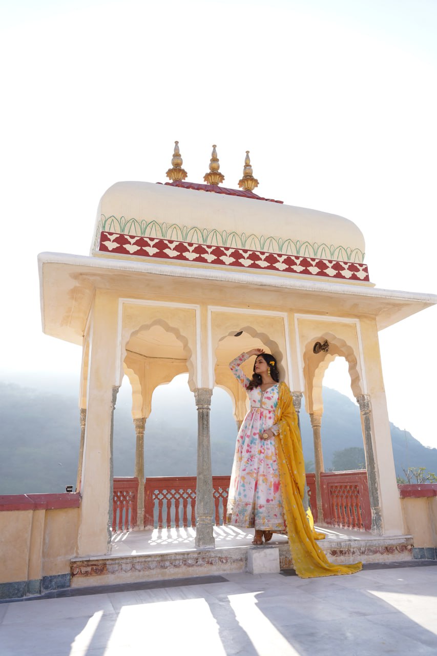 Captivating Off White Premium Readymade Gown with Embroidered Dupatta Set ClothsVilla