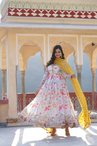 Captivating Off White Premium Readymade Gown with Embroidered Dupatta Set ClothsVilla