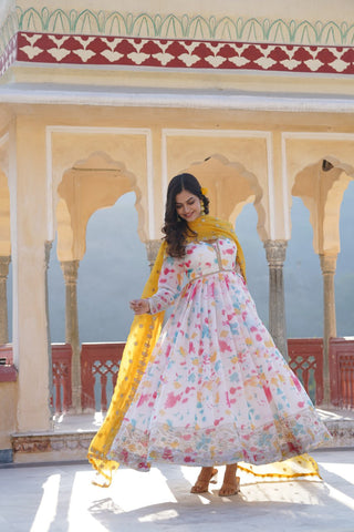 Captivating Off White Premium Readymade Gown with Embroidered Dupatta Set ClothsVilla