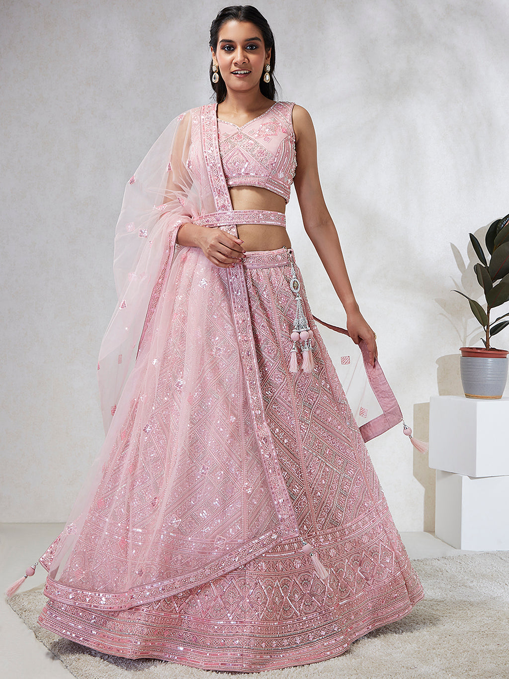 Captivating Pink Net Lehenga Choli Set with Cutdana, Sequins & Zardosi Embroidery ClothsVilla