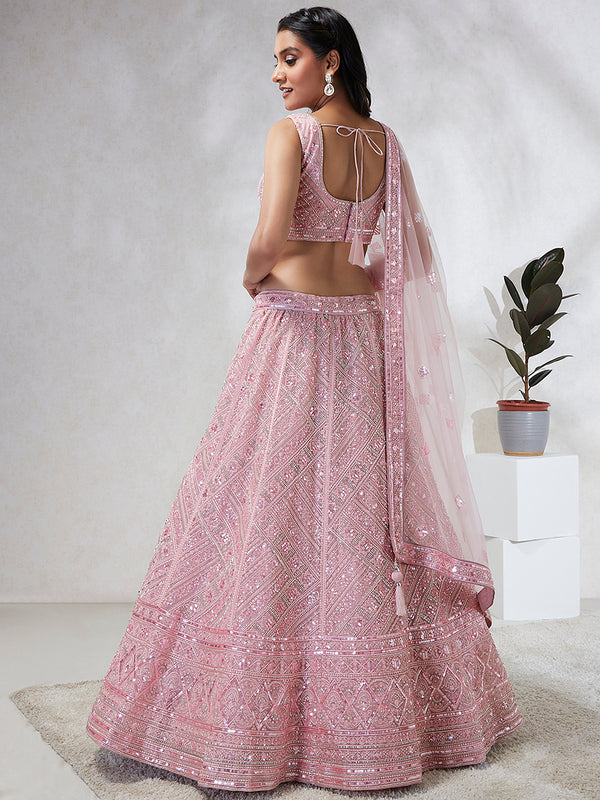 Captivating Pink Net Lehenga Choli Set with Cutdana, Sequins & Zardosi Embroidery ClothsVilla