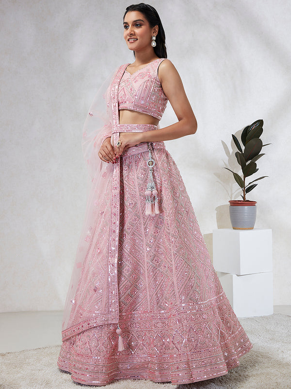 Captivating Pink Net Lehenga Choli Set with Cutdana, Sequins & Zardosi Embroidery ClothsVilla