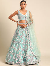 Load image into Gallery viewer, Captivating Turquoise Blue Organza Lehenga Choli Set with Sequin &amp; Zarkan Embroidery ClothsVilla