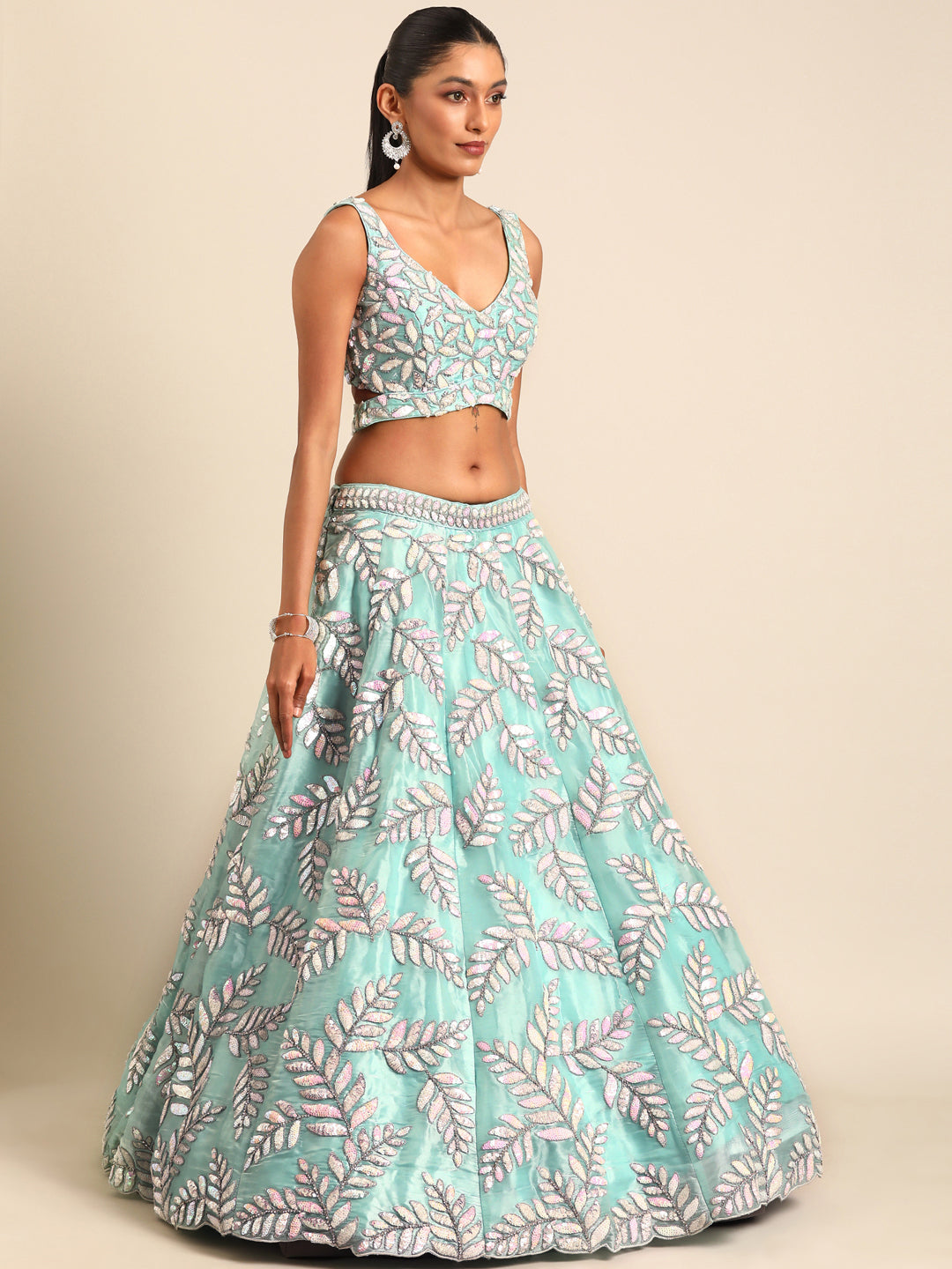 Captivating Turquoise Blue Organza Lehenga Choli Set with Sequin & Zarkan Embroidery ClothsVilla