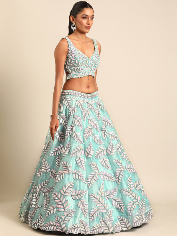 Captivating Turquoise Blue Organza Lehenga Choli Set with Sequin & Zarkan Embroidery ClothsVilla