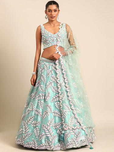 Captivating Turquoise Blue Organza Lehenga Choli Set with Sequin & Zarkan Embroidery ClothsVilla