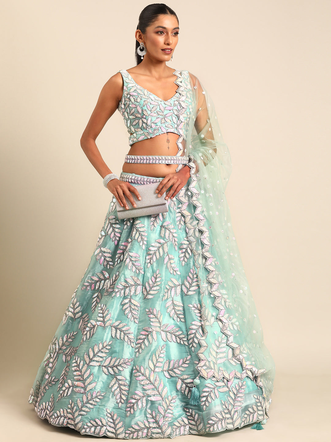 Captivating Turquoise Blue Organza Lehenga Choli Set with Sequin & Zarkan Embroidery ClothsVilla