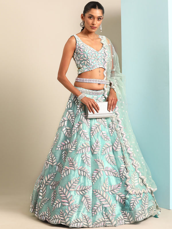 Captivating Turquoise Blue Organza Lehenga Choli Set with Sequin & Zarkan Embroidery ClothsVilla