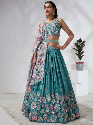 Captivating Turquoise Blue Sequinned Lehenga Choli Set - Mesmerize in Multicolored Embroidered Elegance ClothsVilla