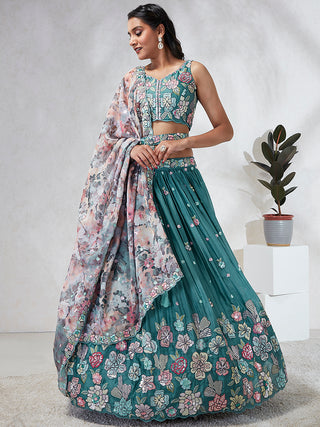 Captivating Turquoise Blue Sequinned Lehenga Choli Set - Mesmerize in Multicolored Embroidered Elegance ClothsVilla