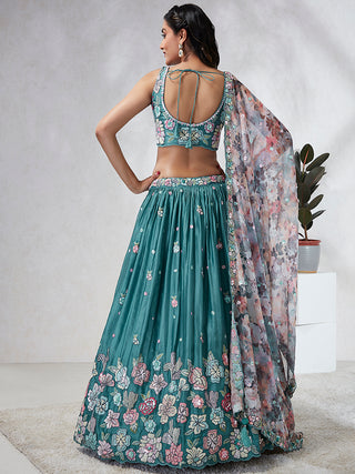 Captivating Turquoise Blue Sequinned Lehenga Choli Set - Mesmerize in Multicolored Embroidered Elegance ClothsVilla