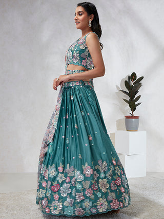 Captivating Turquoise Blue Sequinned Lehenga Choli Set - Mesmerize in Multicolored Embroidered Elegance ClothsVilla