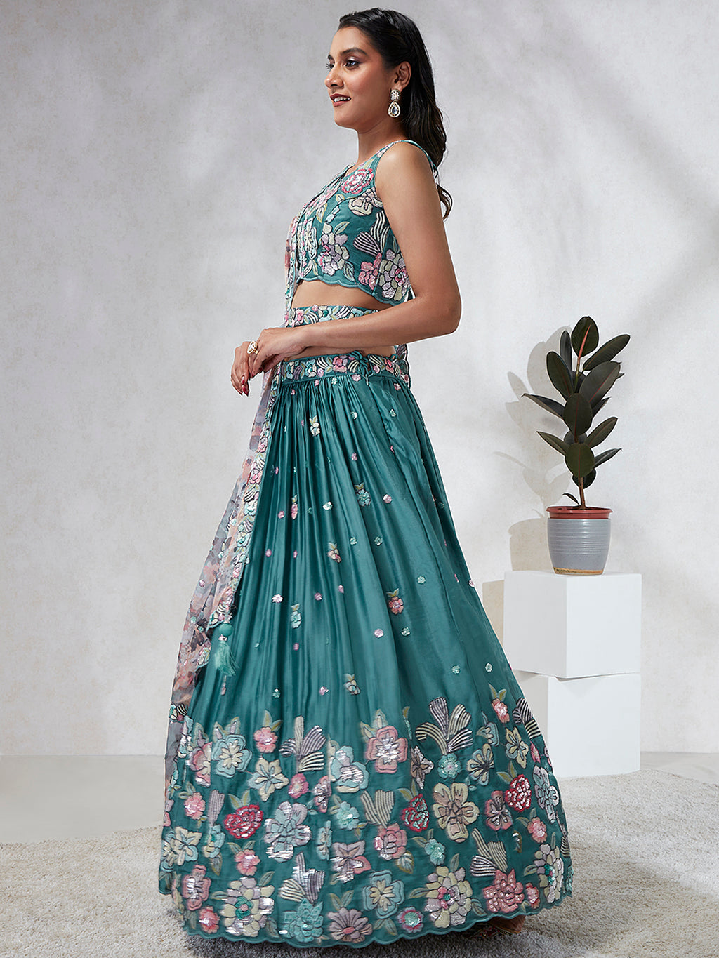 Captivating Turquoise Blue Sequinned Lehenga Choli Set - Mesmerize in Multicolored Embroidered Elegance ClothsVilla