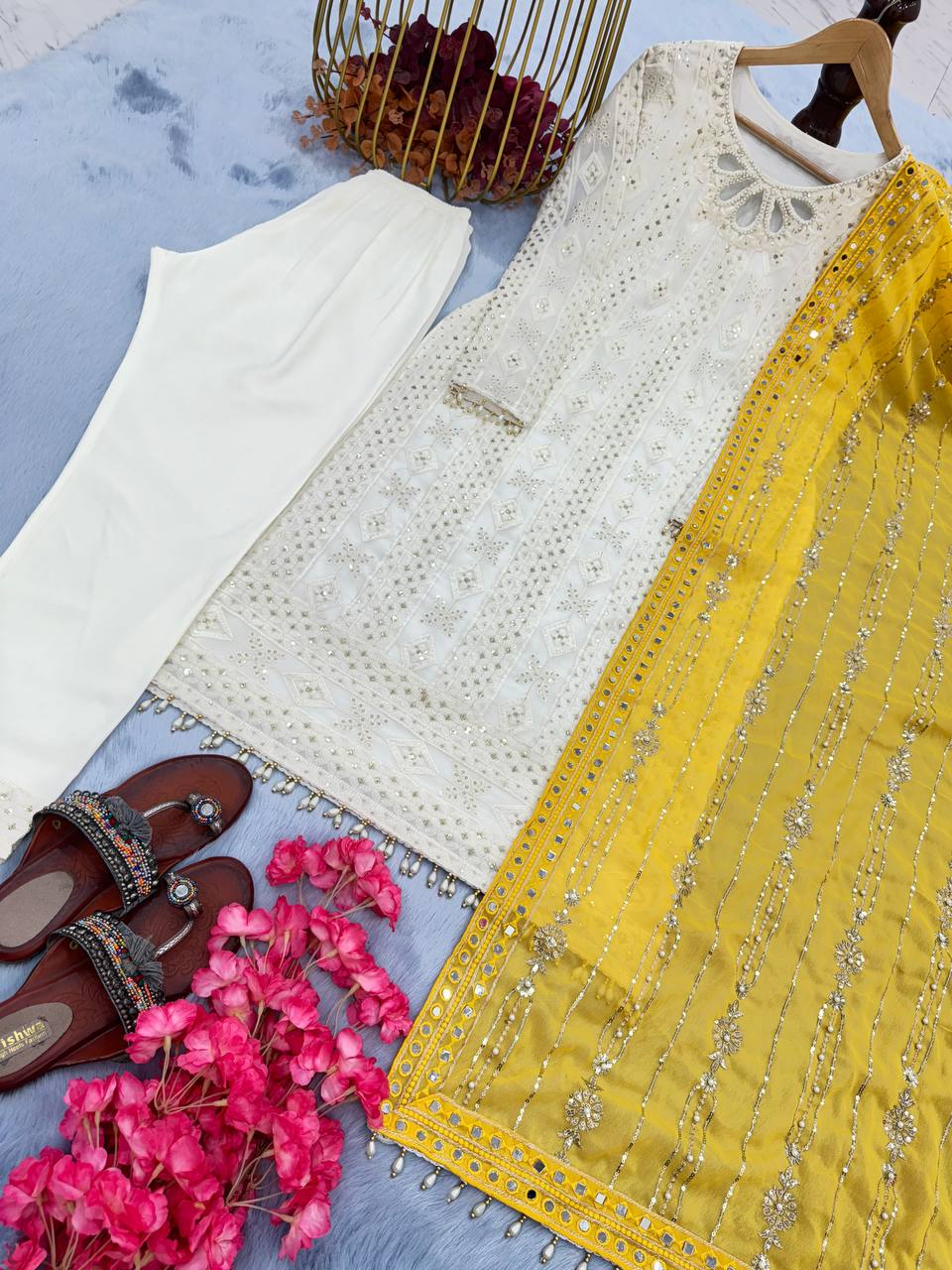 Captivating White Designer Party Wear Heavy Faux Georgette Top, Palazzo & Dupatta Set ClothsVilla