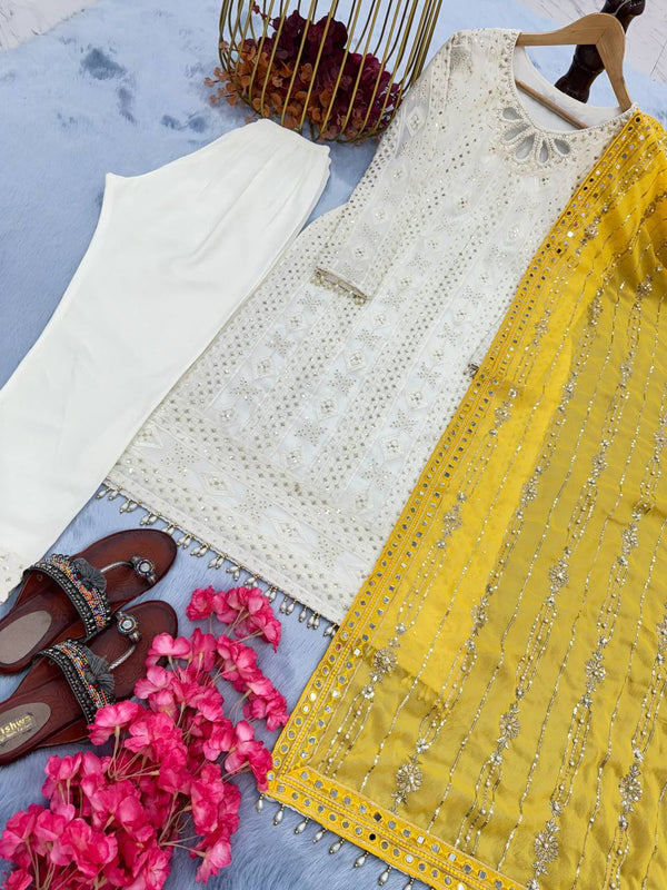 Captivating White Designer Party Wear Heavy Faux Georgette Top, Palazzo & Dupatta Set ClothsVilla