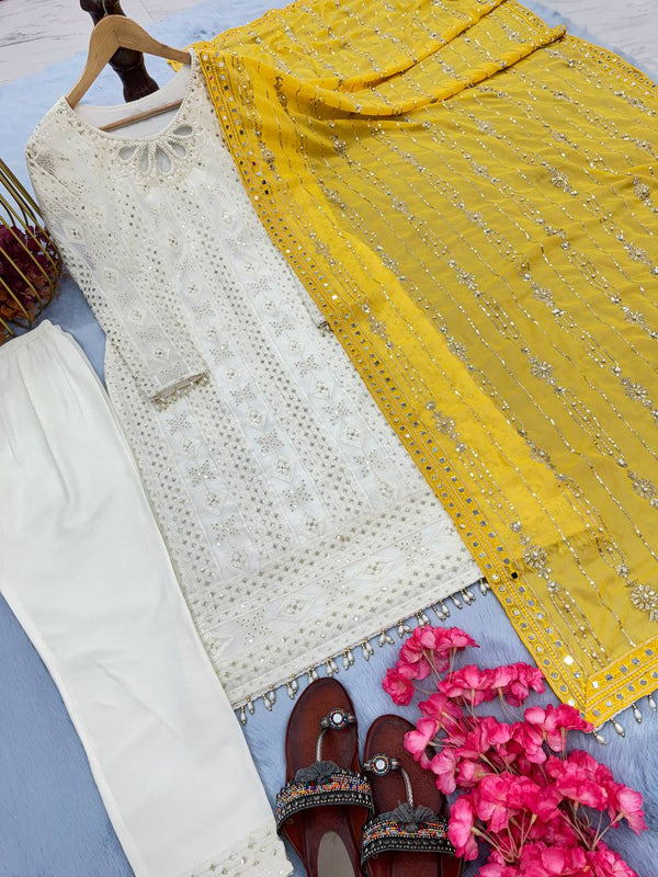 Captivating White Designer Party Wear Heavy Faux Georgette Top, Palazzo & Dupatta Set ClothsVilla