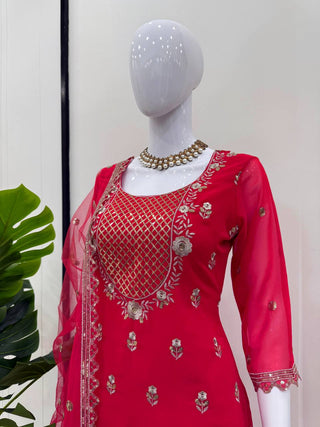 Carmine Red Elegant Faux Georgette 3-Piece Sharara Set with Thread & Sequin Work ClothsVilla