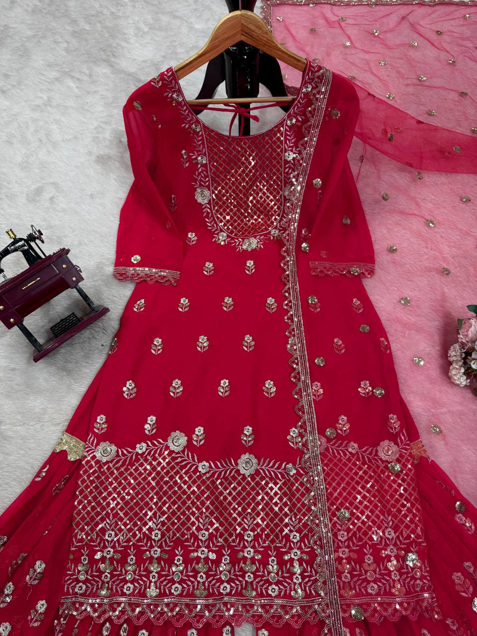 Carmine Red Elegant Faux Georgette 3-Piece Sharara Set with Thread & Sequin Work ClothsVilla