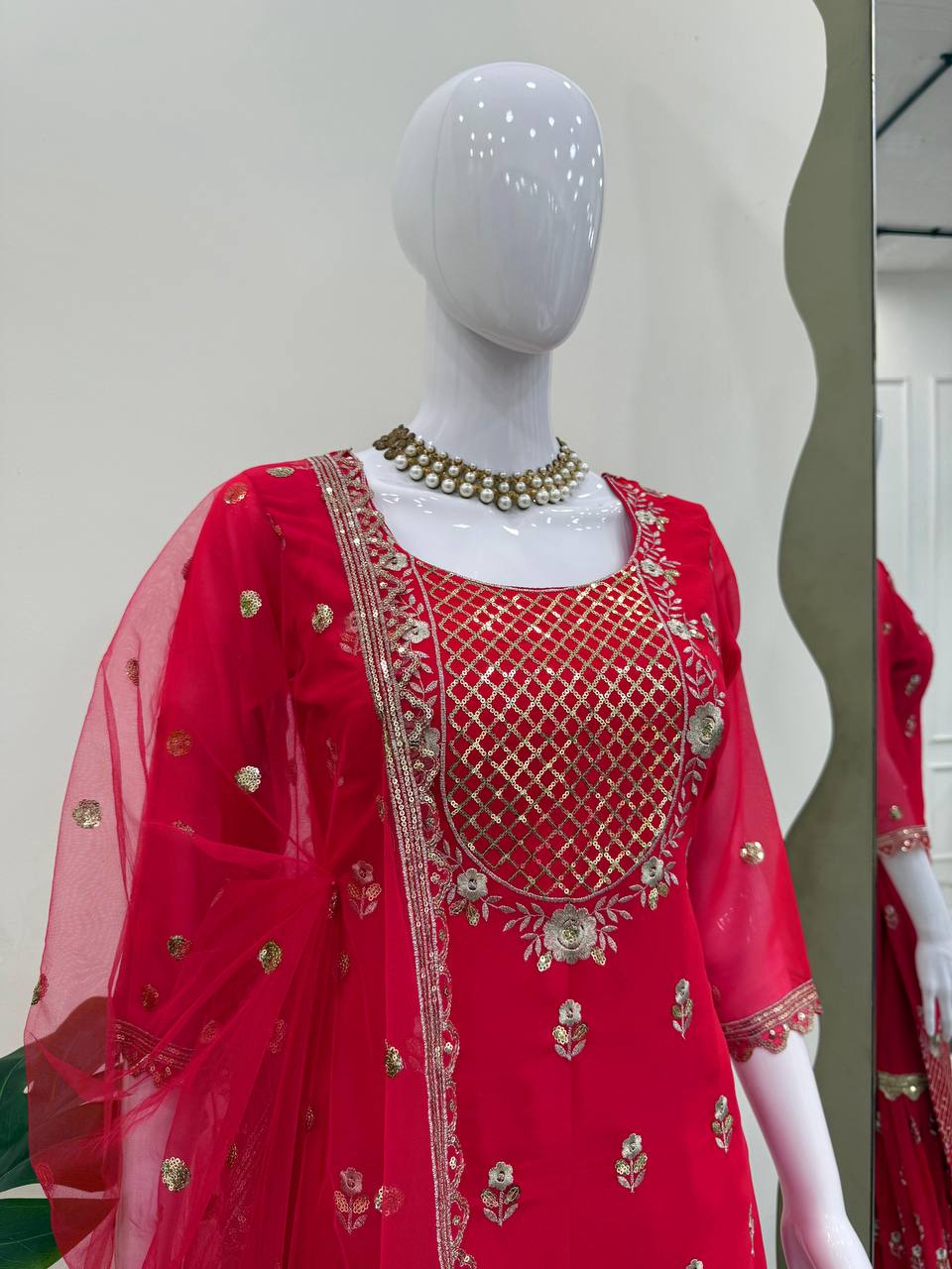 Carmine Red Elegant Faux Georgette 3-Piece Sharara Set with Thread & Sequin Work ClothsVilla