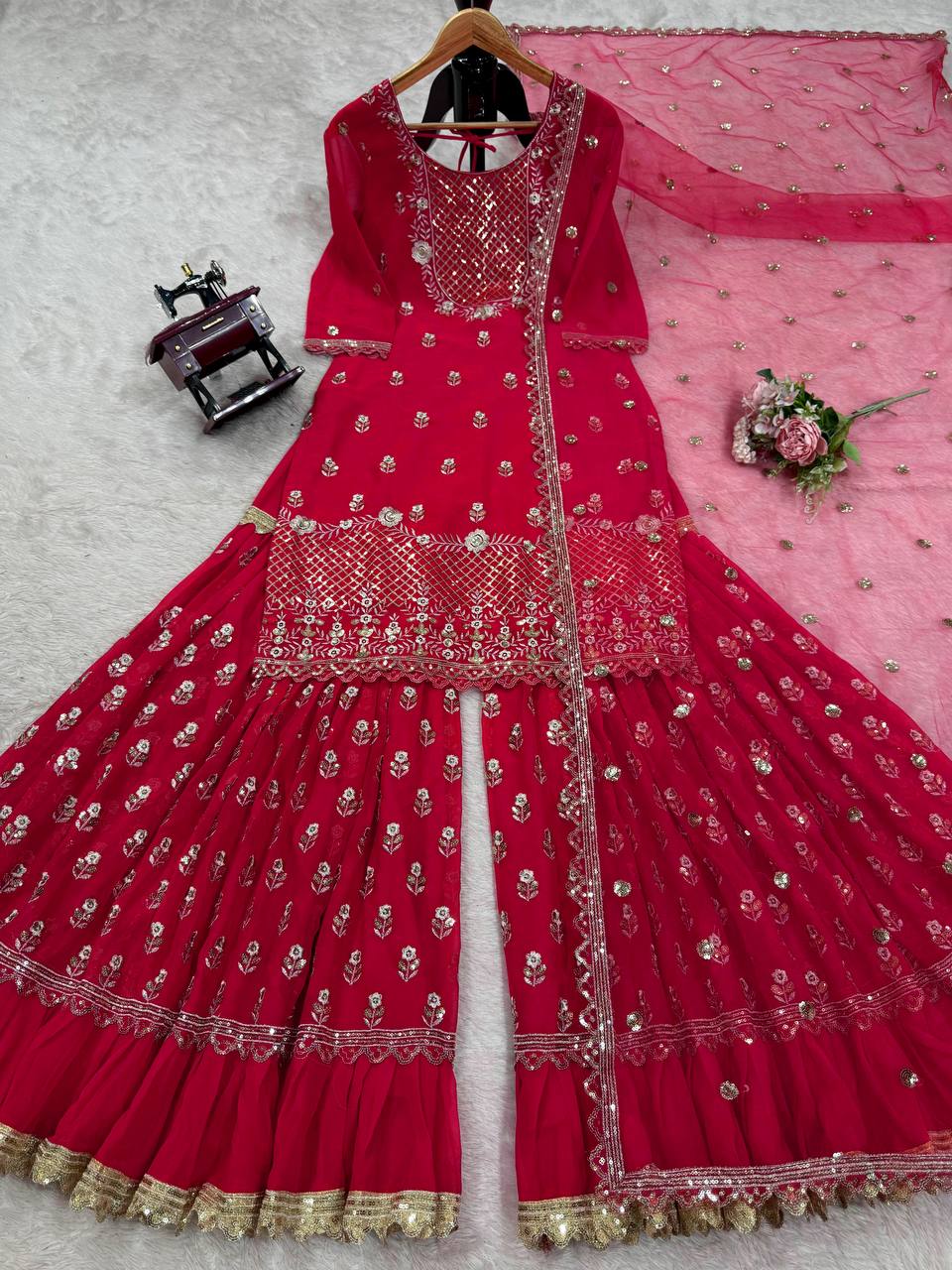 Carmine Red Elegant Faux Georgette 3-Piece Sharara Set with Thread & Sequin Work ClothsVilla