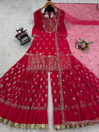 Carmine Red Elegant Faux Georgette 3-Piece Sharara Set with Thread & Sequin Work ClothsVilla