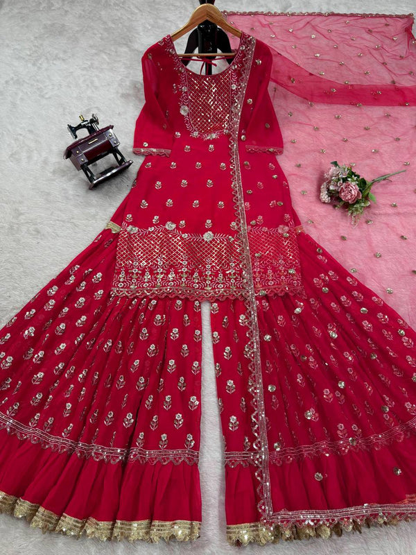 Carmine Red Elegant Faux Georgette 3-Piece Sharara Set with Thread & Sequin Work ClothsVilla