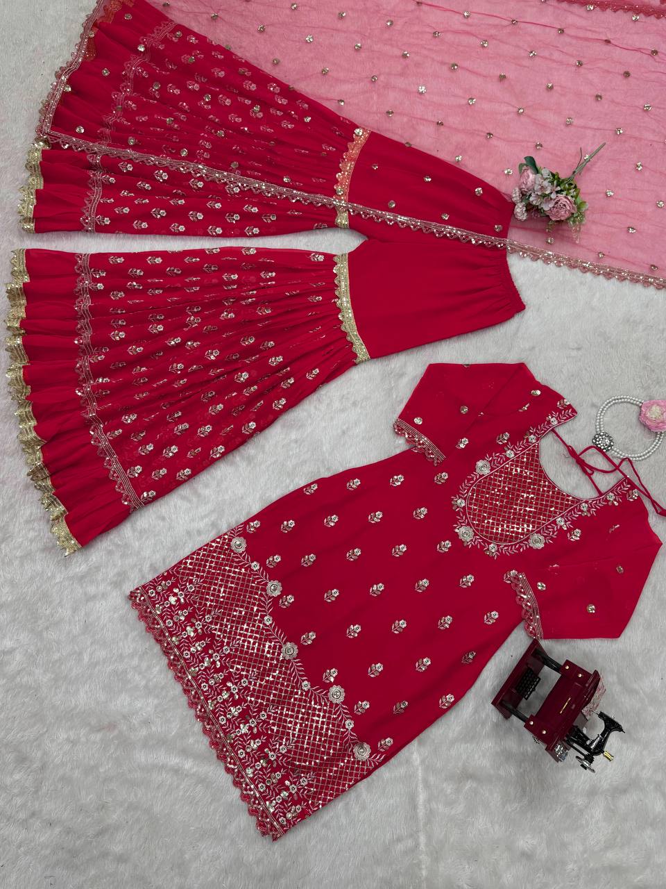 Carmine Red Elegant Faux Georgette 3-Piece Sharara Set with Thread & Sequin Work ClothsVilla