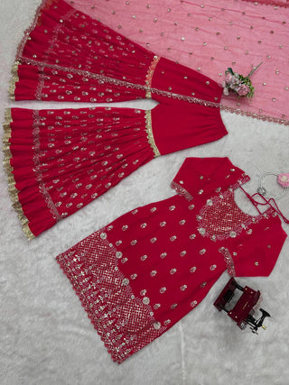 Carmine Red Elegant Faux Georgette 3-Piece Sharara Set with Thread & Sequin Work ClothsVilla