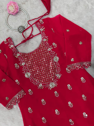 Carmine Red Elegant Faux Georgette 3-Piece Sharara Set with Thread & Sequin Work ClothsVilla