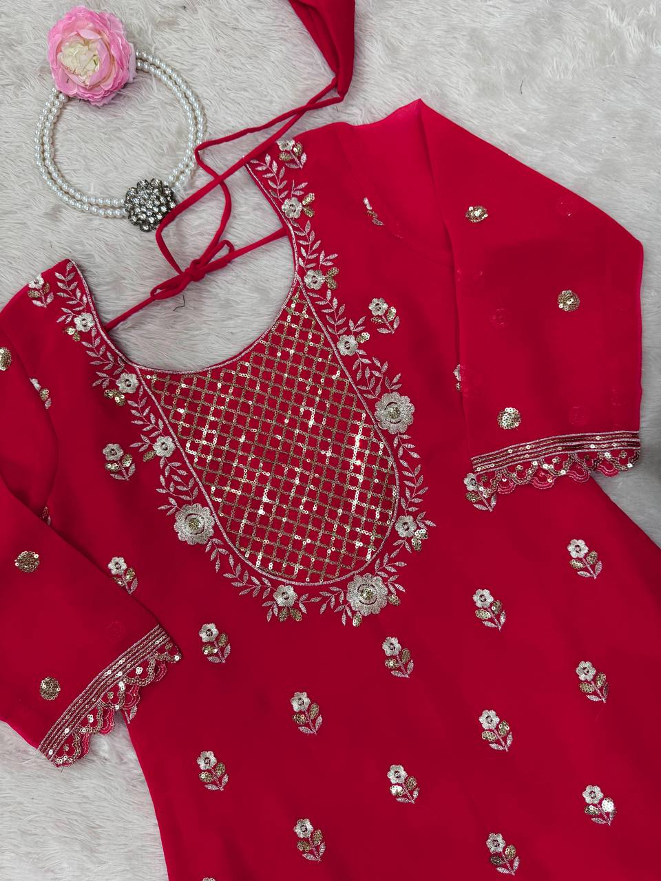 Carmine Red Elegant Faux Georgette 3-Piece Sharara Set with Thread & Sequin Work ClothsVilla