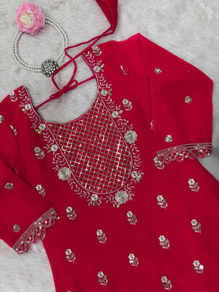 Carmine Red Elegant Faux Georgette 3-Piece Sharara Set with Thread & Sequin Work ClothsVilla